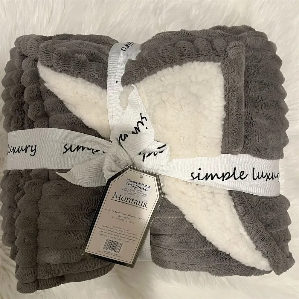 🆕 Kirkland's Home Luxury Gray Reversible Corduroy Berber Throw Blanket 50x60